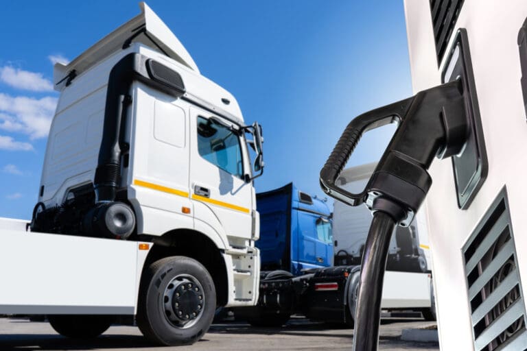 EV Semi truck fleet at the logistics center.