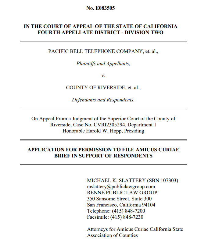 Cover page of the Pacific Bell Telephone Co .v. County of Riverside (E083505)